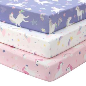 Baby Mini Crib Sheets Girl, Portable 38x26 Pack and Play Sheets Fitted for Playard and Pack N Play Mattress, 3-Pack Soft Microfiber Pink Purple Rainbow