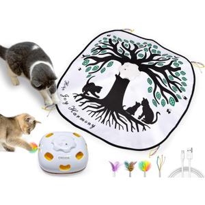 ORSDA Cat Toys for Indoor Cats 4 in 1 Interactive Automatic Cat Toys for Bored Indoor Adult Cats Kitten Toy Rechargeable 8 Hole Mice Whack-A-Mole, Hide and Seek, Moving Feather, 5PCS DIY Replacement (Tree of Life)