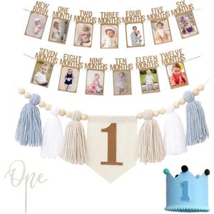 Baby First Birthday Party Decorations First Highchair Banner For Baby Boys Blue High Chair Banner Crown Cake Topper Baby Photo Banner 1st Birthday Photo Backdrop (Blue)