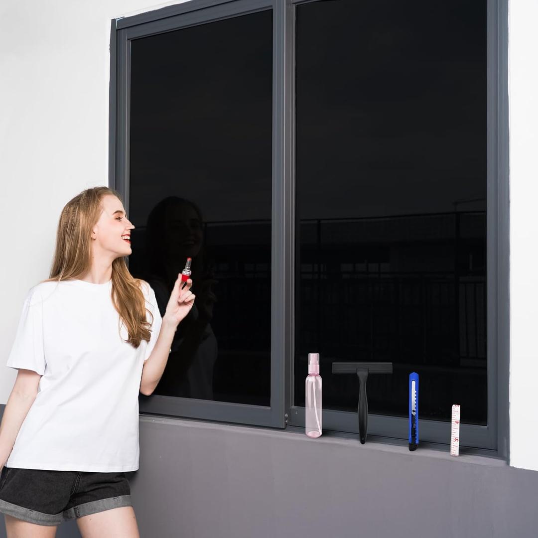Total Blackout Window Privacy Film with Tools, Malleable Window Tint for Home, Two Sided Protective Film, Static Cling, Removable, Reusable, Anti-UV, Heat Blocking (Total Black, 29.6Inch×196.9Inch)