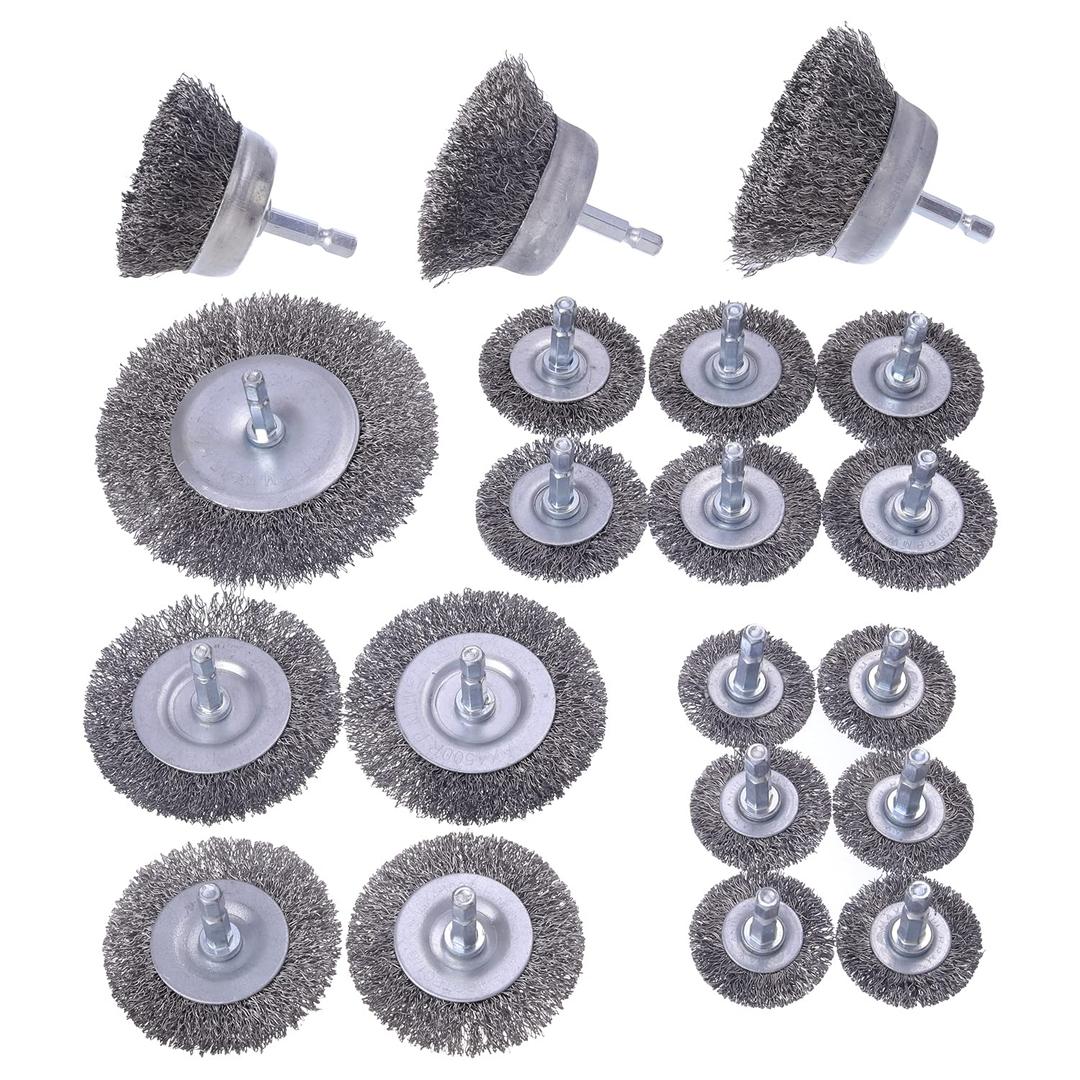20 Pack Wire Brush Wheel for Drill Set, Wire Brush for Drill 1/4 Inch Hex Shank 0.012 inch Coarse Carbon Steel, Wire Wheel for Drill for Cleaning Rust and Abrasive,Wire Brush Drill Attachment