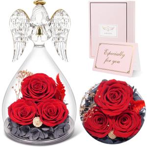 Sunia Preserved Flowers Rose Gifts for Mom, Birthday Gifts for Grandma Women, Glass Angel Figurines with Three Forever Real Roses, Fresh Flowers Gifts for Christmas Mother's Day Valentine (Red)