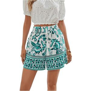 WDIRARA Women's Loose Boho Casual Summer Shorts Floral Print Elastic High Waist Knot Comfy Wide Leg Shorts (XS)