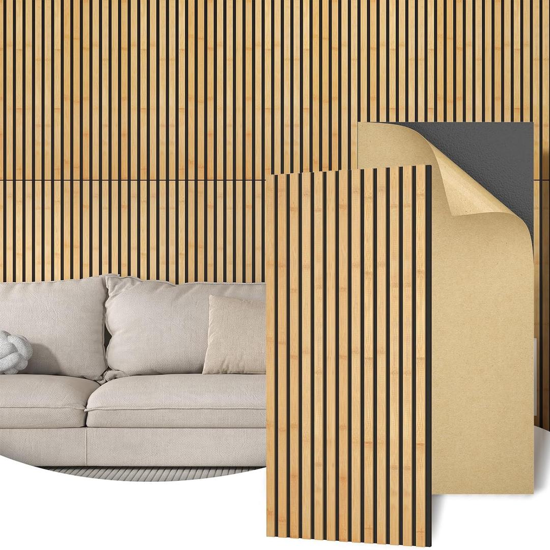 TONOR 4PCS Bamboo Acoustic Panels for Walls, 43.3" x 20.47" x 0.67" each, Slat Sound Absorbing Panels with Full Self-Adhesive, Soundproof Panel for TV Wall, Interior Decor, Home, Door, 43.3''L x 20.5''W x 0.7''H
