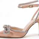 VETASTE Women's Double Bow Pointed Toe Ankle Strap Crystal Pumps Wedding Bridal Party Stilettos Backless Satin Heeled Sandals (Pink, S)