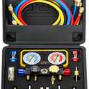 R1234YF R134A AC Gauge Set 4 Valve Manifold HVAC Gauges with Hoses Compatible with R1234YF R404a R134a System Air Conditioner Recharge Kit