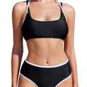 MOOSLOVER Women Sporty Two Piece Swimsuits High Waisted Bikini Sets Color Block Bathing Suit(S, Black) (Black, M)