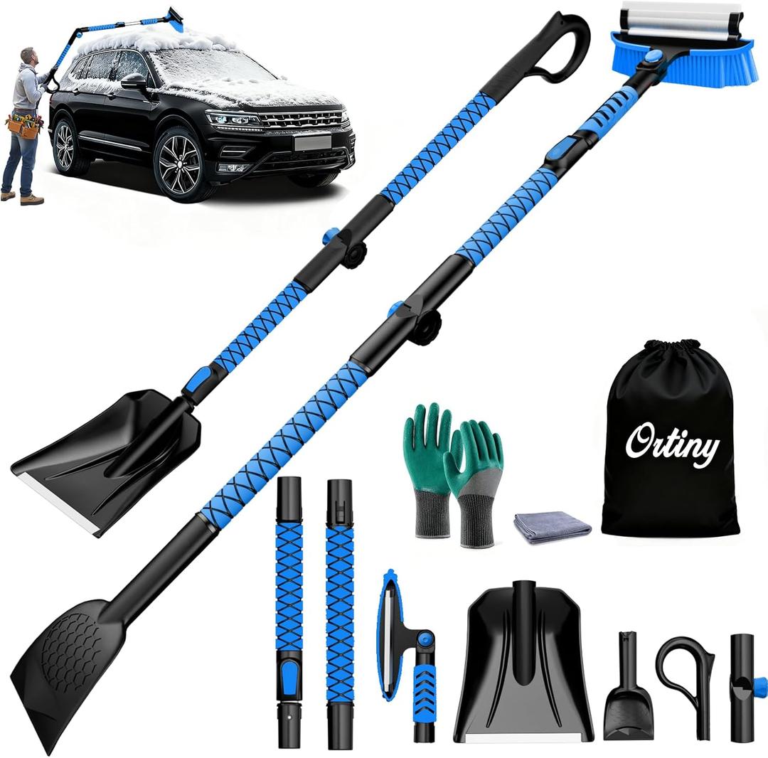 7 in 1 Snow Shovel & Snow Brush Kit with Ice Scrapers for Car Windshield,62.2 Extendable & Bendable Thicken Aluminum Tube for Easy Roof Cleaning,180 Pivoting Brush Head & EVA Grip,Blue