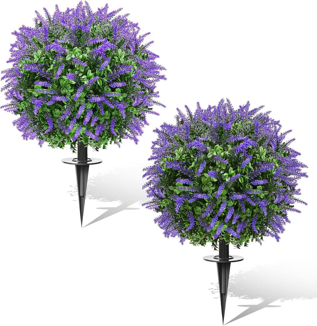 Artificial Topiary Bushes for Outdoors with Spike, Boxwood Ball Fake Shrubs UV Resistant Faux Plants for Indoor Outdoor Fall Thanksgiving Halloween Decor (Lavender Boxwood Purple-2 Packs)