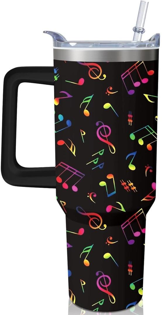 40oz Music Teacher Gifts Tumbler with Handle and Straw, Musical Note Insulated Stainless Steel Cup, Travel Coffee Mug Water Bottle, Appreciation Birthday Gifts for Women Men