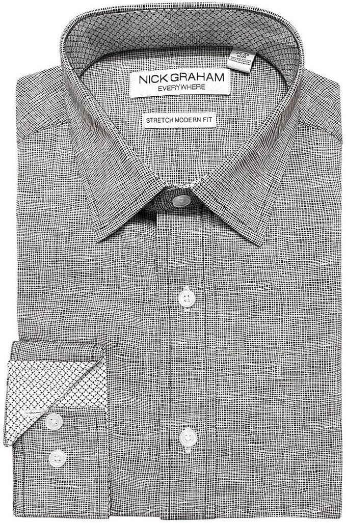 Nick Graham Men's Striated Grid Dress Shirt, Grey (L-XL)