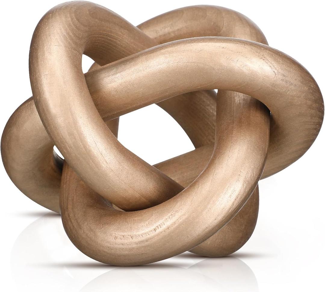 Yalikop 3 Link Wood Knot Decor - Hand Carved Coffee Table Decoration, Boho Chain Link Decor, Modern Shelf, Rustic Objects for Home Living Room Bedroom(Champagne)