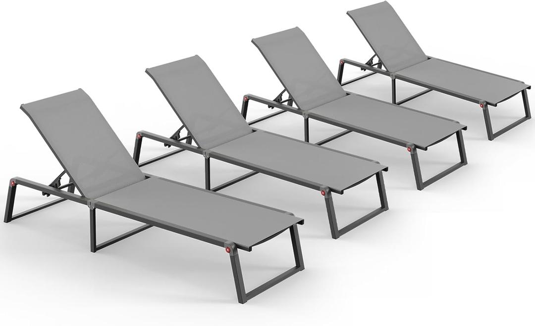 Aluminum Chaise Lounge Chair Outdoor, Foldable& No Assembly Patio Pool Lounge Chairs 5-Position Recliner for Outside, Fully Grounded Legs Sun Lounger for Poolside, Dark Grey (1)