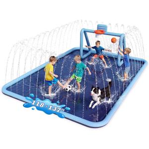 Splash Pad for Kids, 3-in-1 Sprinkler Splash Pad with Soccer Goal & Basketball Hoop, 118"x137" Extra Large Non-Slip Water Play Mat, Outdoor Water Toys for Kids, Backyard Summer Fun