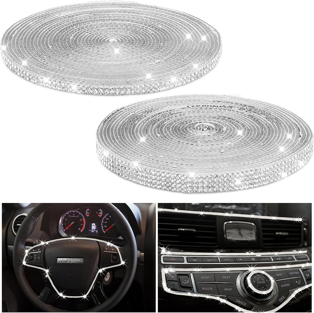 Frienda 2 Rolls 30 Ft Bling Car Trim Self Adhesive Glitter Crystal Rhinestone Car Interior Exterior Accessories Rhinestone Strips Diamond Stickers Roll for Women Auto Dashboard Diamond DIY Decor