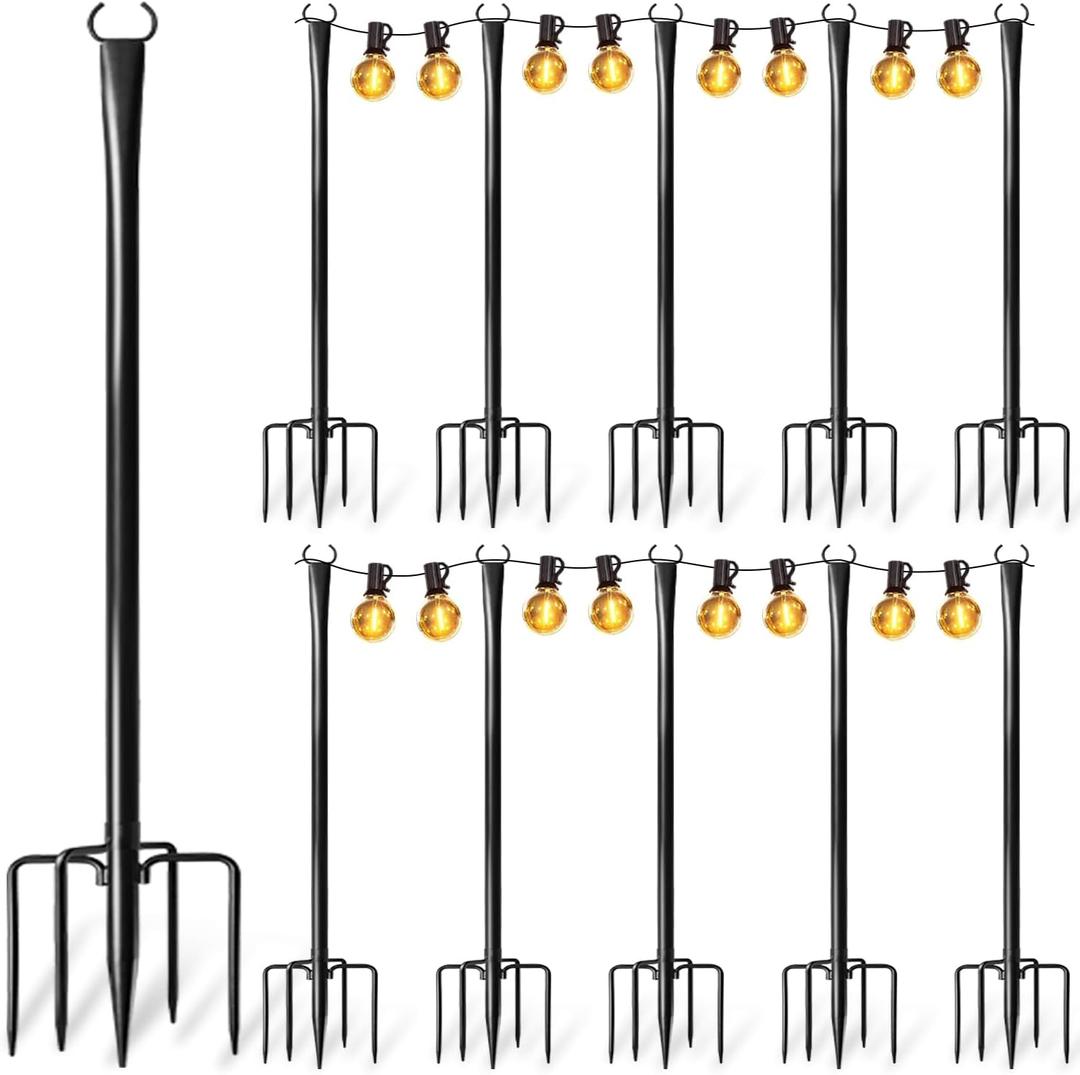 10 Pack String Light Poles for Outside, Upgraded Heavy-Duty Metal Poles for Outdoor String Lights with Fork, Adjustable Lighting Hanging Accessories for Patio Decor Pergola Backyard Garden Decorations