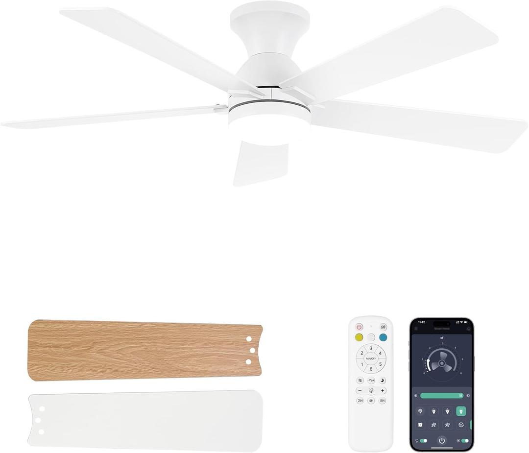 Ceiling Fans with Lights and Remote, 48 Inch Ceiling Fan with Light, Low Profile, Reversible, Dimmable LED, Flush Mount, Quiet, DC Motor, White Ceiling Fan for Bedroom, Kitchen, Dining Room