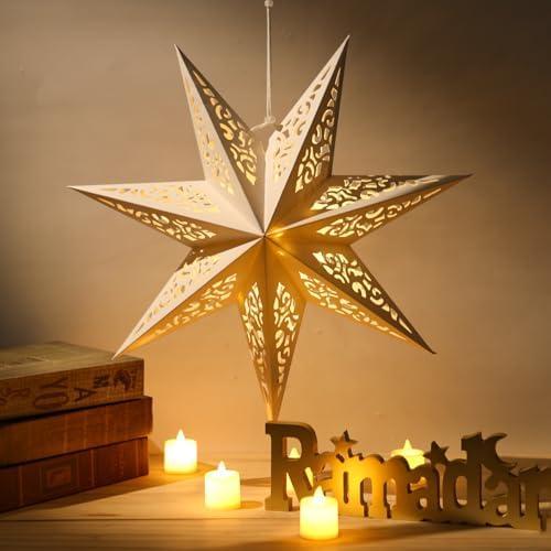 1 Pack 14 Inch 3D Paper Star Lantern, Ramadan Mubarak Large Lampshade, 7-Pointed Hollow Out Lamp Shade Pendant Hanging Decoration for Ramadan Kareem New Year Wedding Birthday Party Home Decor