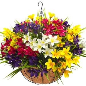 Grunyia Artificial Outdoor Flowers, 12 Bundle Mixed Colors with Hanging Basket, UV Resistant Decorative Flowers for Porch, Patio, Yard