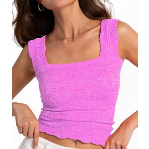 Women's Square Neck Wide Strap Crop Tank Tops Flower Going Out Tops Slim Fit Lettuce Trim Crop Cami Tops (Medium-Large, Violet)