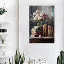 YSPCSUN Still Life Floral Canvas Wall Art Vintage Stacked Books Picture Rustic Farmhouse Decor For Living Room Large Impasto Style Flower Painting Print Gallery Wrapped Framed 36x24 Inch