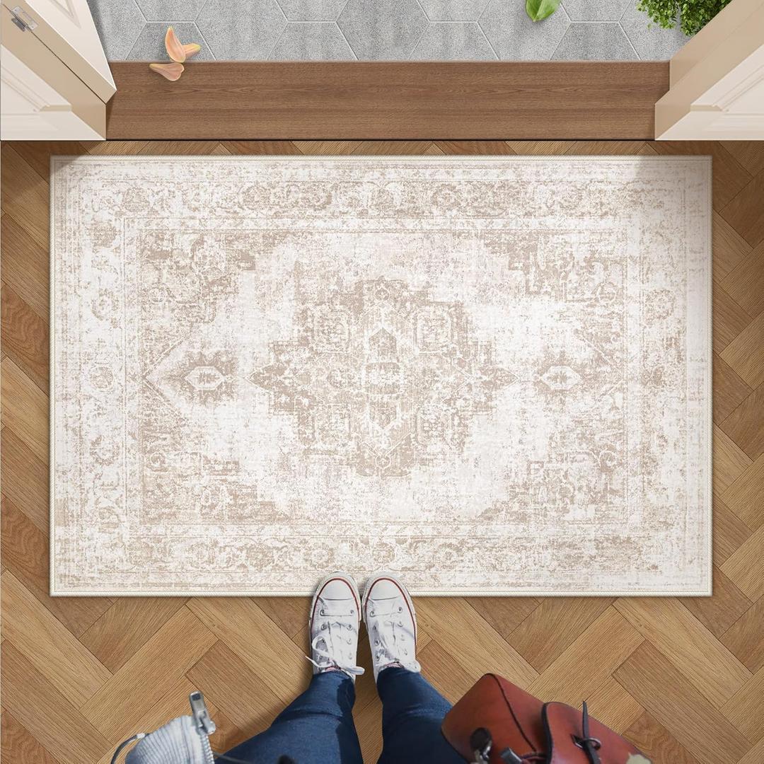 Area Rug 2x3 Vintage Rug: Small Washable Indoor Medallion Entryway Rug Low Pile Distressed Floor Carpet Retro Accent Doormat for Bedroom Bathroom Hallway Kitchen Home Office(Beige, 2'x3')