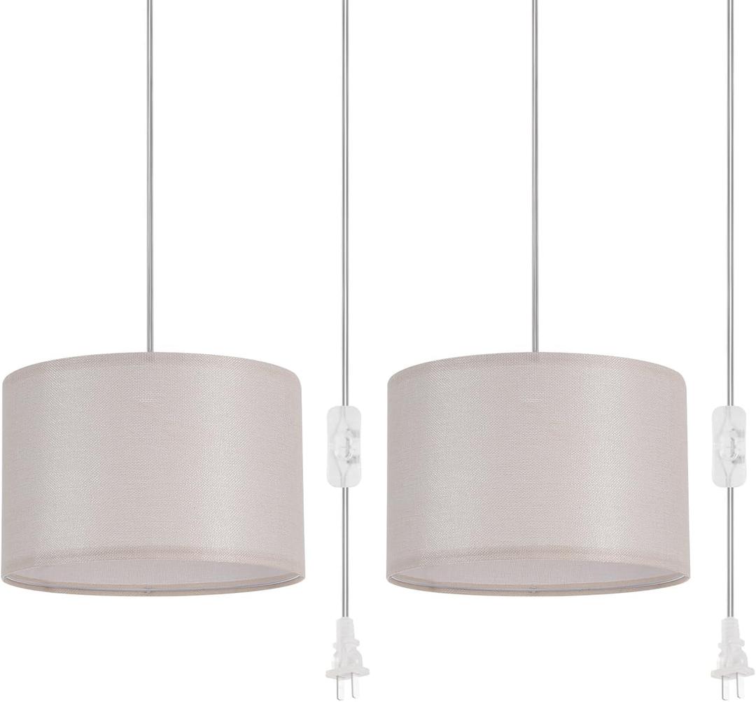 2 Pack Plug in Pendant Light, Hanging Light with 15Ft Clear Cord, On/Off Switch, Beige Yellow Fabric Lamp Shade, Hanging Light Fixture for Bedroom, Kitchen
