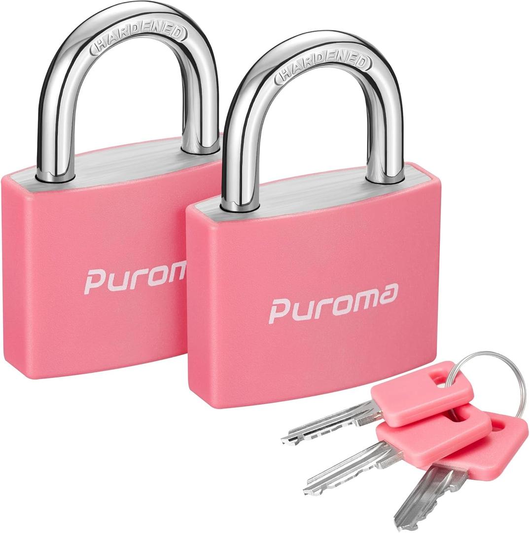 Puroma Lock Keyed Padlock, 2 Pack Aluminum Locks with 3 Keys Alike, 7/8 Inch Locker Lock 43mm Small Padlocks for Gate, Fence, Shed, Toolbox, School Gym Locker (Pink)