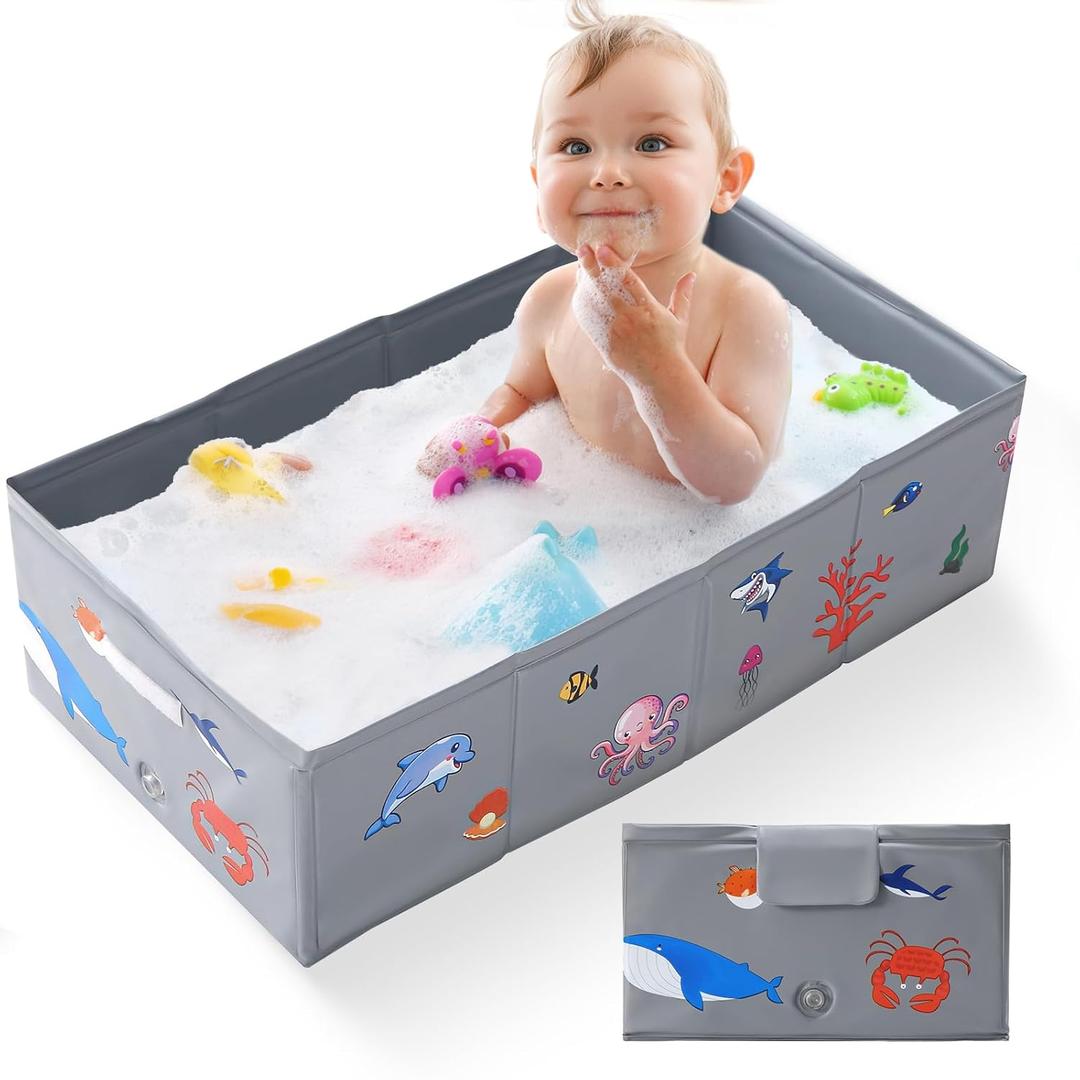Collapsible Baby Bathtub, Portable Foldable Travel Baby Bath for Infant Toddler, Converts Shower to Tub, No Assembly Folds Flat for Storage, 6M-5 Years, Gray