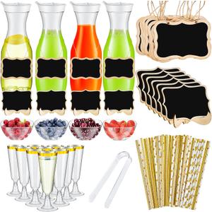 Mumufy 82 Pcs Mimosa Bar Supplies Plastic Water Carafe with Lids Plastic Champagne Flutes Pitchers for Drinks with Serving Bowls Serving Tongs Chalkboard Stickers Straws (Vivid Colors, Classic)
