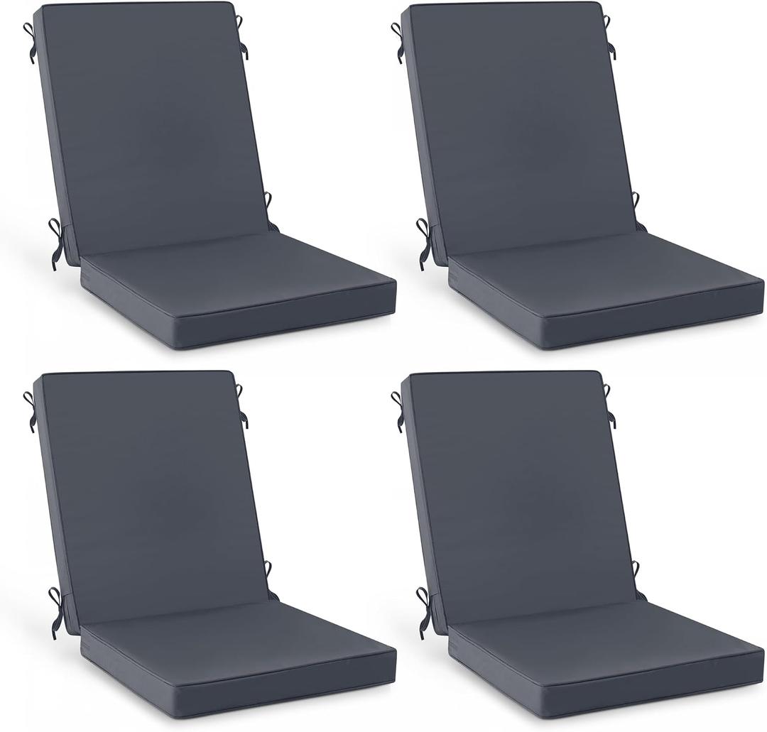 Summsun 4 Pack High Back Outdoor Chair Cushions, Water Resistant Patio Seat Cushion Set with Ties, Removable Covers, Non-Slip Bottom for Garden Lawn Patio Furniture, 44 x 20 Inch, Dark Grey