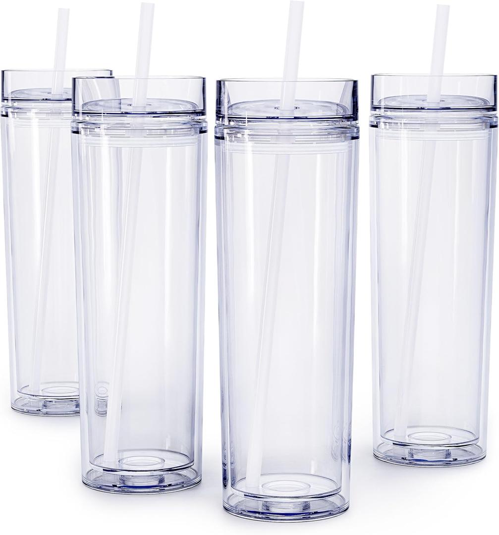 Maars Drinkware Double Wall Insulated Skinny Acrylic Tumblers with Straw and Lid, 16 oz. (4 pack, Clear)