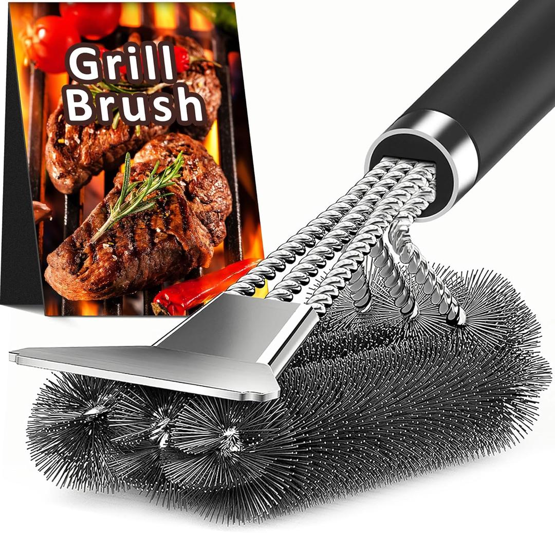 TNTOR Grill Brush with Scraper, 18" Adjustable Handle BBQ Grill Brush for Outdoor Grill, Extra Strong Grill Cleaner Accessories for Grill/Smoker/Gas/Charcoal Grill Cleaning-Grill Gifts for Men/Dad (Silver Black)