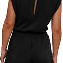 OFEEFAN Rompers for Women Summer Cap Sleeve Adjustable Drawstring Waistband Crewneck Casual Outfits with Pockets (Black, XL)