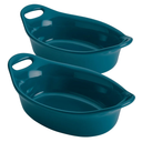 Rachael Ray Solid Glaze Ceramics Au Gratin Bakeware / Baker Set, Oval - 2 Piece, Teal