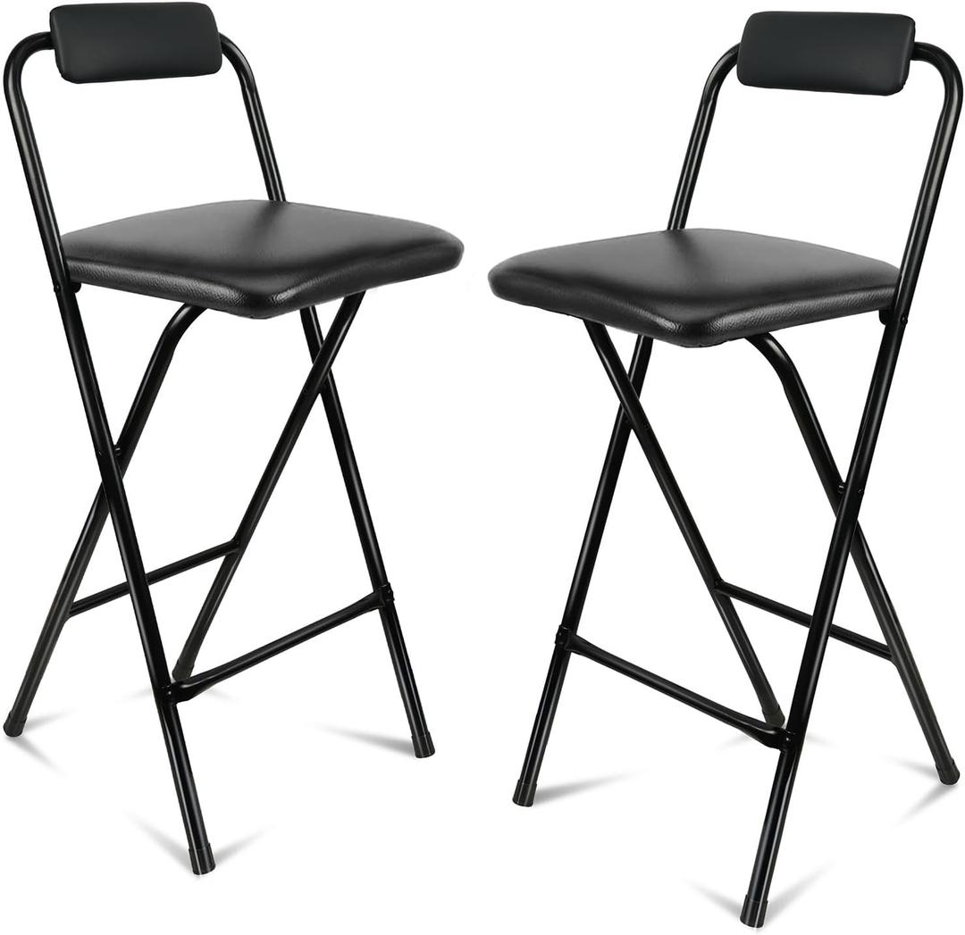 Folding Bar Stool with Back, 2 PCS Tall Foldable Stool Chair Portable Adult Counter Height Seat Leather Padded Kitchen Shop Comfortable and Sturdy 25.5 Inch