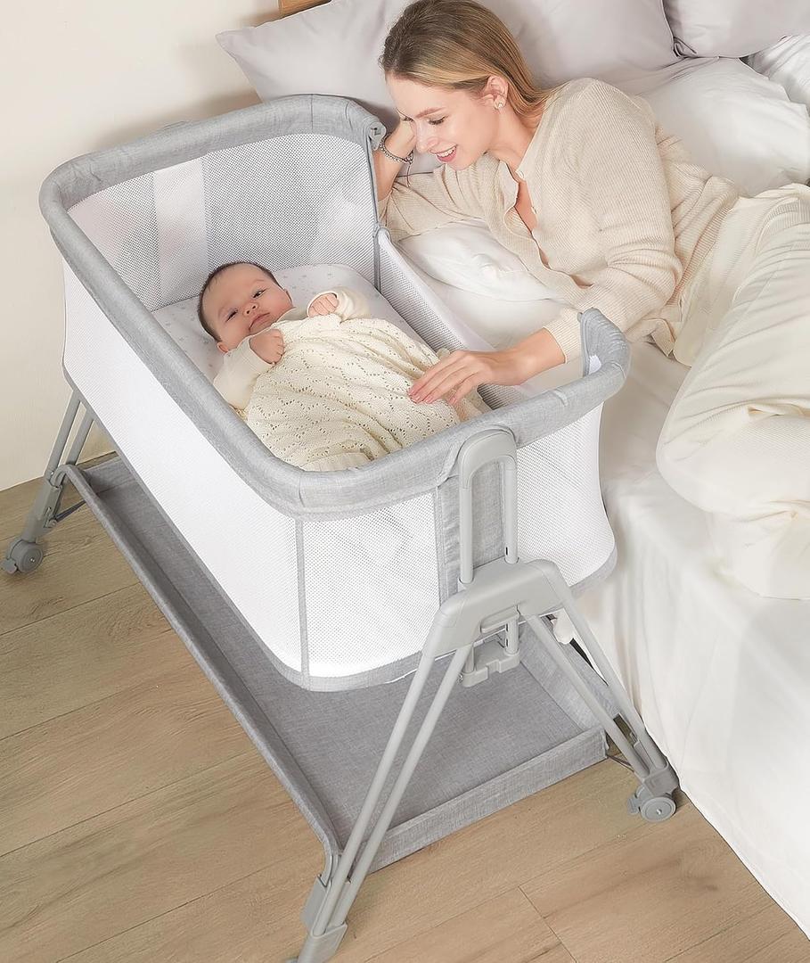 Baby Bassinet Bedside Sleeper with Wheels and Storage Tray, 4-Side Mesh Bedside Bassinet for Baby,Height Adjustable Bedside Crib for Newborn/Infant, Light Grey, Mattress Included