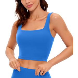 CRZ YOGA Butterluxe Womens Square Neck Longline Sports Bra - Workout Crop Tank Tops Padded Yoga Camisole with Built in Pads (Large, Sparkle Blue)
