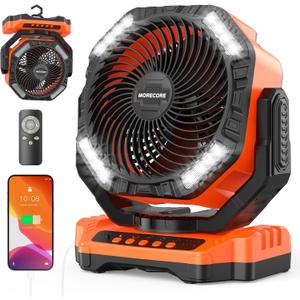 MORECORE 68HRS Running Camping Fan with Light, 20000mAh Battery Rechargeable, Powerful 4 Speeds & Auto Oscillating, with Timer & Hook, for Travel Tent RV Emergency Hurricane Jobsite Garage-Orange