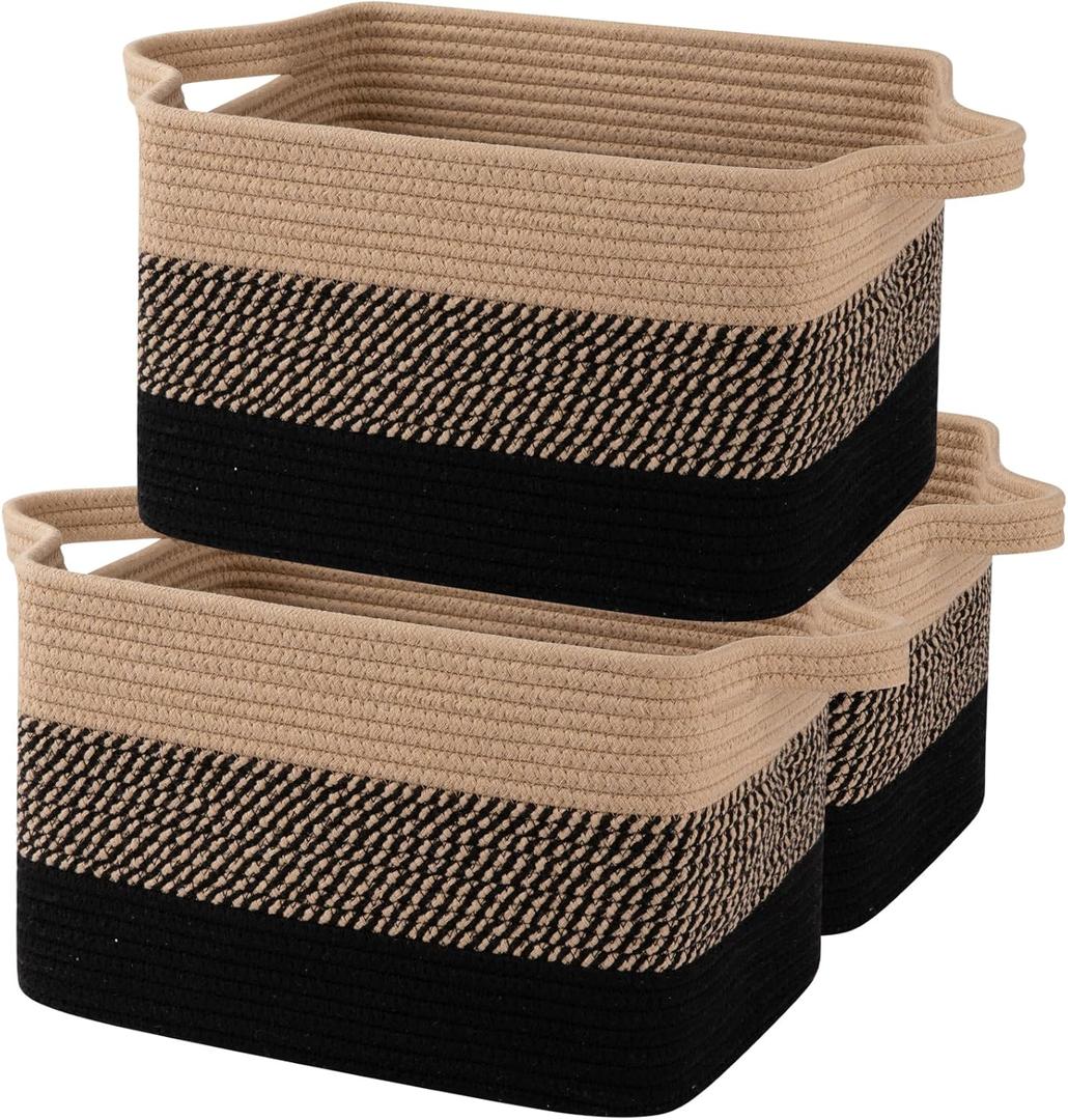 OIAHOMY Storage Basket, Woven Baskets for Storage, Cotton Rope Basket for toys,Towel Baskets for Bathroom - Pack of 3, Black & Brown (3 pcs-13x9.9x8.7)