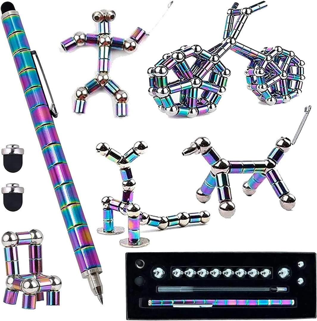 Fidget Pen Decompression Magnetic Metal Pen, Toy Pen Relieving Stress Build Various of Shapes, Strato Pen Multifunctional Deformable Magnet Writing Pen Polar Pen for Christmas Gift (Pen Colorful) (Multicolor)