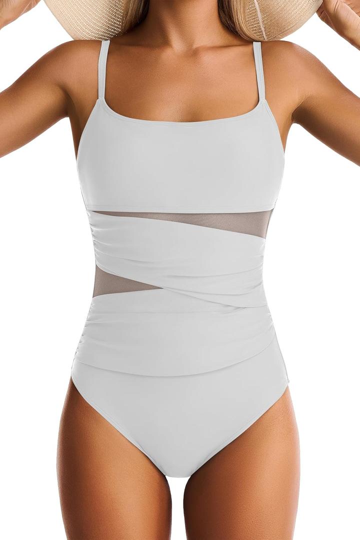 One Piece Swimsuit for Women Tummy Control Mesh Bathing Suits Sexy Push Up Swimsuits Slimming Square Neck Swimwear (White, M)