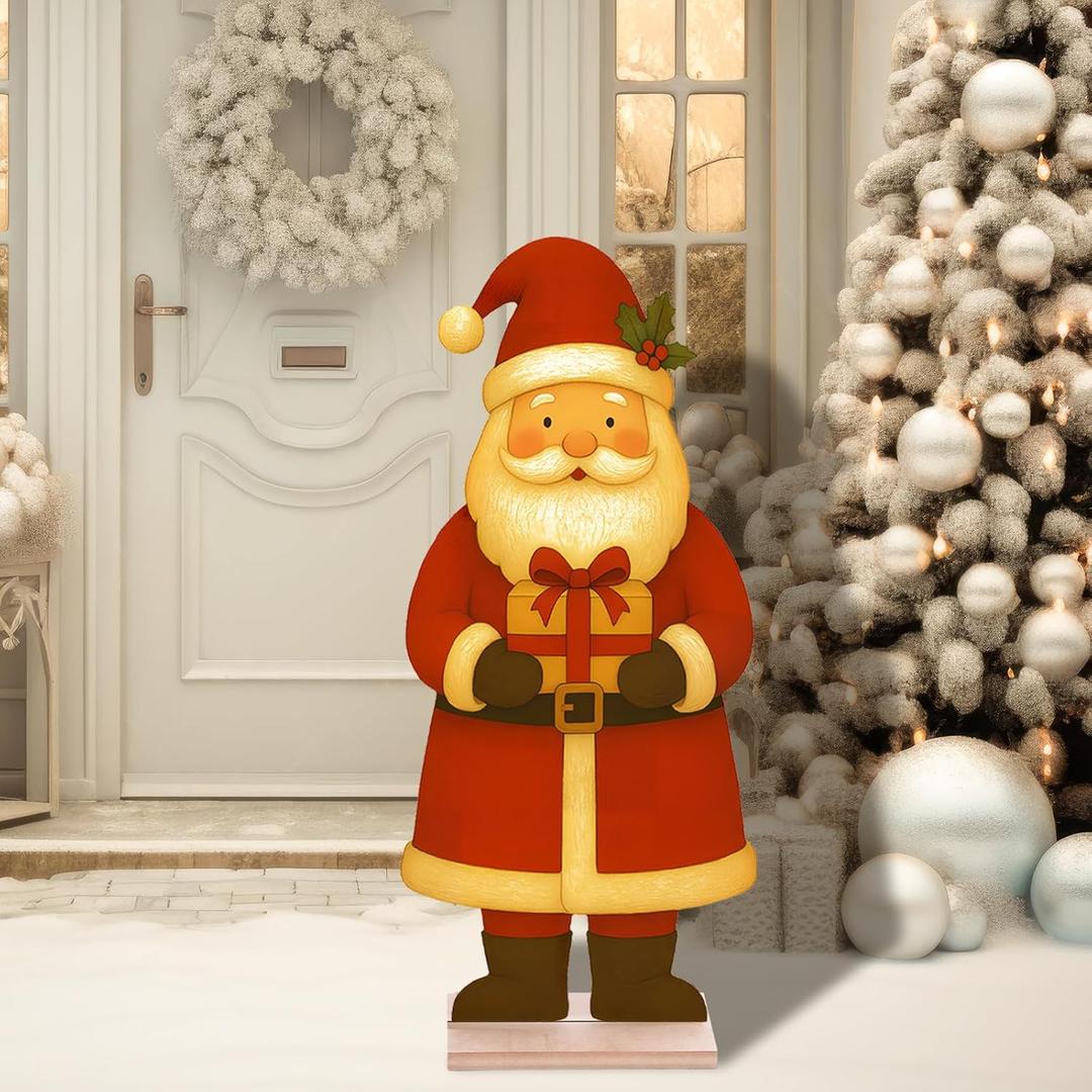 Chunful 3ft Christmas Wooden Porch Decor Winter Front Door Welcome Standing Porch Sign Retro Merry Christmas Welcome Standing Sign for Door Home Yard Holiday Party Outdoor Decorations(Santa)