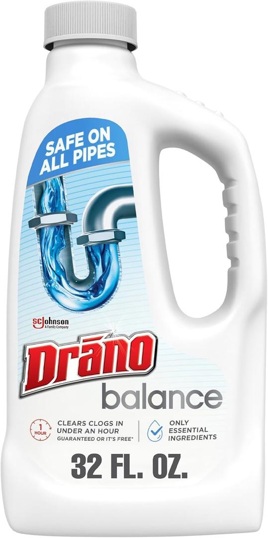 Drano Balance Drain Clog Remover and Cleaner, Non-Corrosive Formula, Safe on All Pipes and Septic Tanks, Formulated Using Only Essential Ingredients, 32 Fl Oz