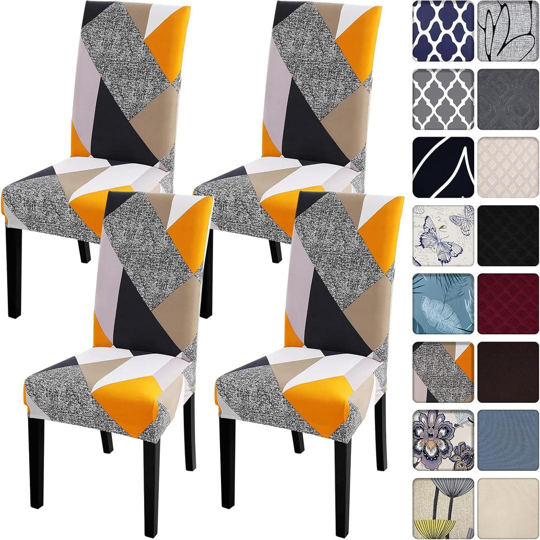 SearchI 4 Pack Super Fit Stretch Removable Washable Short Dining Chair Covers Slipcover Protector, Spandex Fabric Chair Cover for Dining Room, Hotel, Ceremony (Geometric1, 4 per Set)