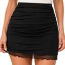 Avanova Women Mesh Ruched Mini Skorts Lettuce Trim Bodycon High Waisted Skirts with Shorts Underneath Black Medium (M)
