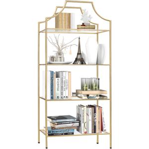 4 Tier Bookshelf, Metal Book Shelf for Storage, Tall Storage Display Bookcase, Modern Open Book Case for Bedroom, Living Room, Glass Office Organization Shelf, 66.3" X 26" X 13"