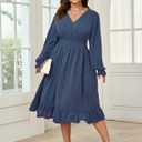 Women's Plus Size Fall Dress Long Sleeve V Neck Smocked Swiss Dot Flowy High Waisted A Line Ruffle Midi Dress (Blue)