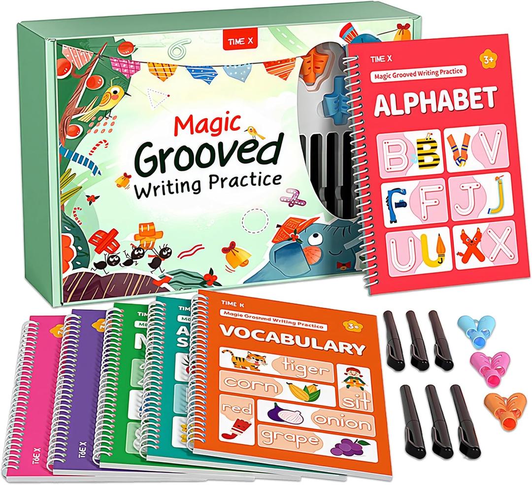 TIME X Magic Grooved Writing Practice Books, Reusable 3D Groove Handwriting Practice Workbooks for Kids Ages 3-8, Large Preschool Writing Books with Disappearing Ink for Kids 5-7 (Practice 6-Books)