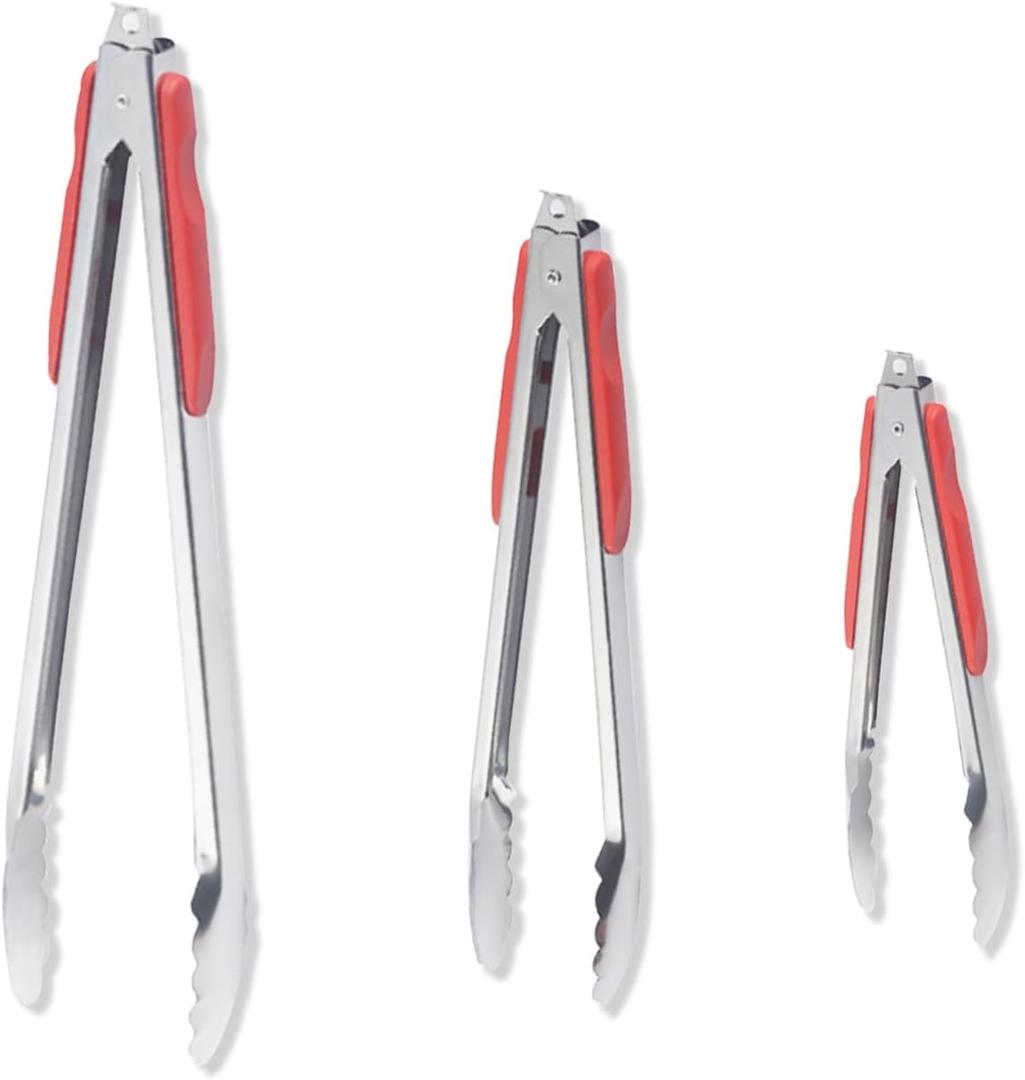 304 Stainless Steel Kitchen Cooking Tongs (9" and 12"and 14" )Set of 3 Red Handles - Metal BBQ Tongs with Locking -BBQ Outdoor Kitchen and Cooking Hot Grilled Food-Salad Vegetable Bread Tongs